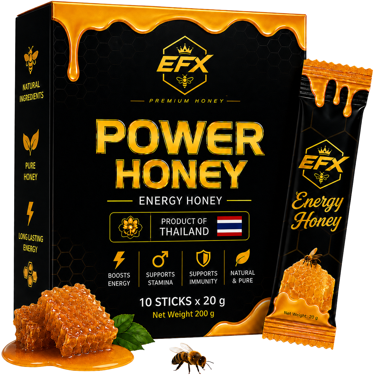 EvoForceX Power Honey black box with gold honeycomb detailing and a 20 g energy honey stick
