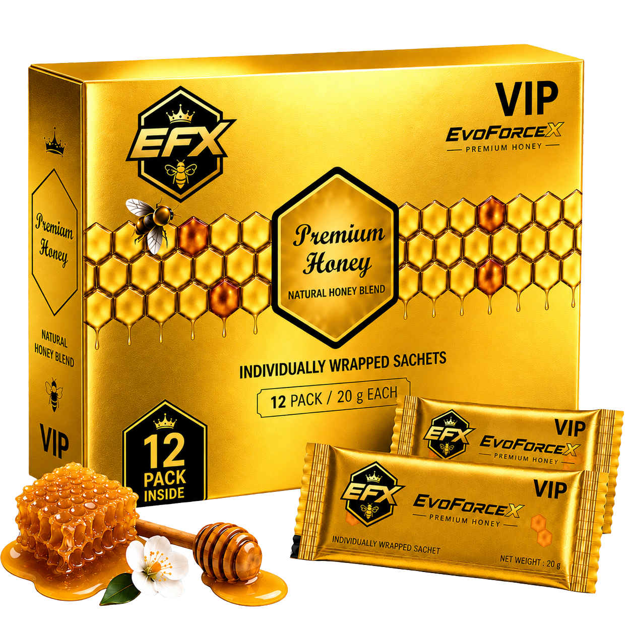 EvoForceX VIP Premium Honey gold box opened showing 12 gold 20 g honey sticks